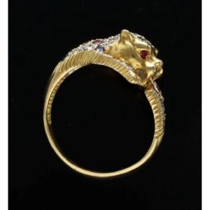 Vintage 18ct Solid Gold Multi Gem And Diamond Panther Leopard Ring