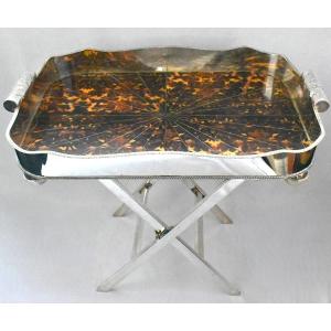 Antique Large Silver Plated Faux Tortoiseshell Serving Tray