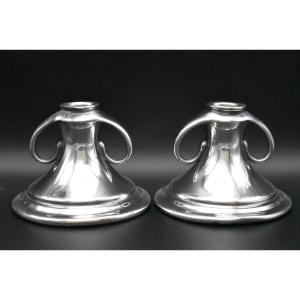 Pair Arts & Crafts English Pewter Candle Holders Made In England 01230 Lkb