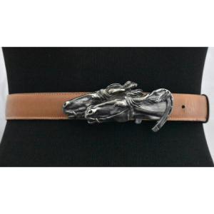 Vintage Gucci Brown Leather Double Horse Head Buckle Belt 1970s