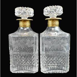 Pair Of Baccarat Antique Cut Glass Spirit Decanters With Gilt Bronze Collars