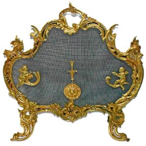 Antique French Rococo Gilt Bronze Fireplace Screen Cherubs Louis XV Style C 1890