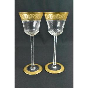 Large Pair Of Saint-louis Thistle Gold Crystal Hock Wine Glasses