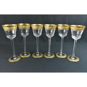 Set Of 6 Saint-louis Thistle Gold Crystal Hock Wine Glasses