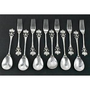 Circa 1880-1910 Arts & Craft Silver-plated Set Of Six Cased Spoons & Forks
