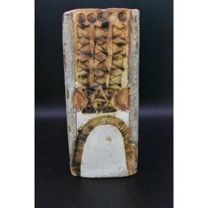 Rectangular Stoneware Vase With Impressed Decoration By Alan Wallmore