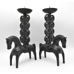 1970's Pair Of Black Soviet Kasli Cast Iron Horse Candle Holders.