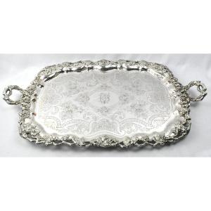 A Huge French Ornate Engraved Silver Plated Butler Serving Tray Grape Vine Motif