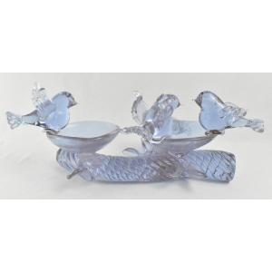 Large Signed Purple Art Glass Centerpiece Dish Featuring Four Birds On A Branch
