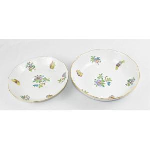 2x Herend Queen Victoria Pattern Medium & Large Scallop Edged Serving Bowls