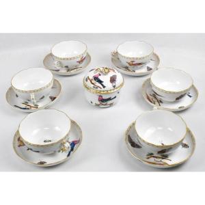 6 X Herend Rothschild Bird (ro) Pattern Tea Cups & Saucers & Lidded Sugar Bowl