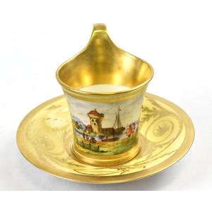 Antique Porcelain Cup & Saucer By Kpm Berlin Known As Topographical Cup