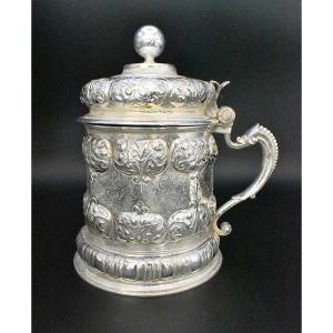 Silver Plated Tankard By Elkington & Co With Ornate, Embossed Design Hinged Lid