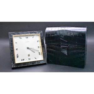 Vintage Luxor Swiss Travel Alarm Clock With A Crocodile Effect Case