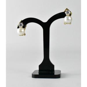 Vintage Pair Of 14ct Gold Cultured Pearl 0.75ct Diamond Stud Drop Earrings 6.6g