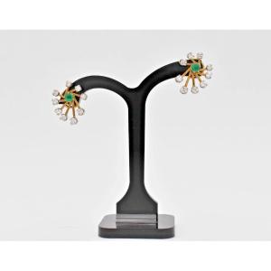 Mid Century Modern 18ct Yellow Gold Emerald 1.35ct Diamond Cluster Stud Earrings