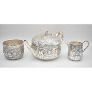 Antique George Fox Sterling Silver Zodiac Indianesque 3 Piece Teaset London 1886