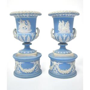 Wedgwood 1871 Blue Jasperware Campana Urns Pair White Bas-reliefs Urns Pedestals