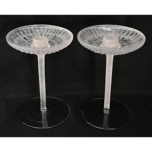 Pair Of R Lalique "marguerites" Candlesticks Clear Frosted Glass C1922