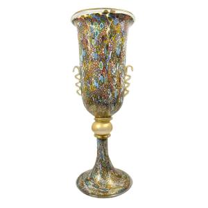 Authentic Murano Millefiori Glass Chalice Urn Vase 24k Gold 022 Label