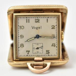 Vintage 375 Gold 1950s Vogel Swiss Travel Fob Purse Watch 17 Jewels