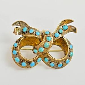 Antique Victorian Ornately Engraved 15ct Gold Turquoise Lover's Knot Brooch