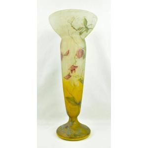 Large Daum Nancy Art Nouveau Cameo Glass Vase Sweet Pea Flowers C 1900-44cm Tall