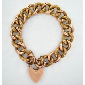 9ct Rose Gold Hollow Engraved Curb Bracelet Heart Padlock - 22.9g