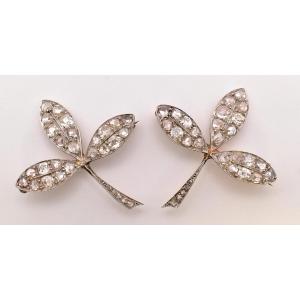 Pair Of Vintage 18ct Gold/silver Triple Leaf Diamond Brooches 1.5ct Total