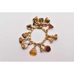 Antique Victorian 9ct-15ct Gold Charm Bracelet 15 Fob Seals Carnelian Bloodstone