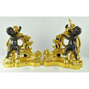 Pair Of French 19th-century Louis XV-style Gilt And Patinated Bronze Chenets