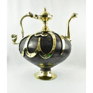 A Heavy & Large Ornate Islamic Two Tone Bronze Ornate Ewer Dragon Handle