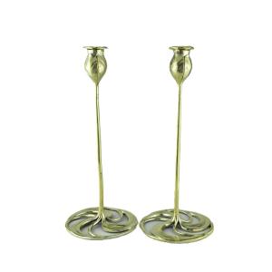 Rare Abel Landry Art Nouveau Bronze Candlesticks, Pair, French C. 1902