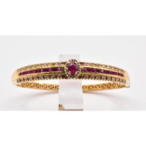 Vintage Greek 18ct Gold Bangle 0.70ct Ruby 0.97ct Diamonds Made In Greece 1970s