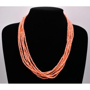 Vintage Multi-strand Salmon Pink Natural Coral Bead Torsade Necklace W/ 14k Gold