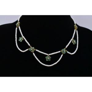 Antique Floral 1920s Seed Pearl Necklace With 8.75ct Emeralds & 1.75ct Diamonds