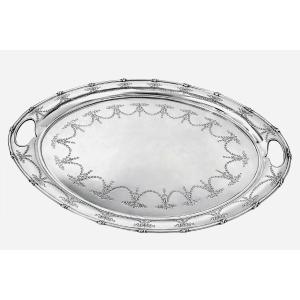A Large Antique Engraved Sterling Silver Oval Tray Harrison Bros Sheffield 1912