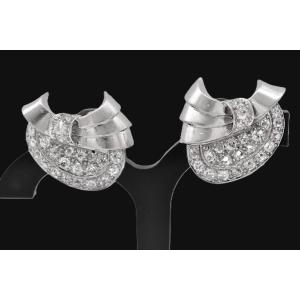 Antique Art Deco 18k White Gold 2.30ct Old Cut Diamond Swirl Clip-on Earrings