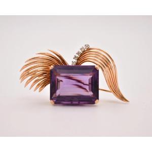 Vintage 18k Gold Amethyst Diamond Spray Brooch 29ct Step Cut Stone Mid-20thc