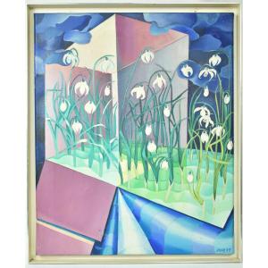 1977 Surrealist Oil Painting Of Snowdrops In Geometric Interior By Cecily Sash