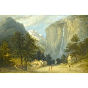 Antique Oil Painting Staubbach Falls Lauterbrunnen Switzerland 81.5x66cm