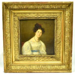 Antique Early 19th C Oil Portrait Woman In Empire Dress On Panel Circa 1800’s