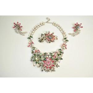 Vintage Christian Dior Rhinestone Floral Parure Necklace Earring Brooch Set 50’s