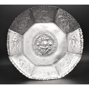 Antique Anglo-indian Burmese Silver Repoussé Tazza Footed Bowl 685g 21.5cm