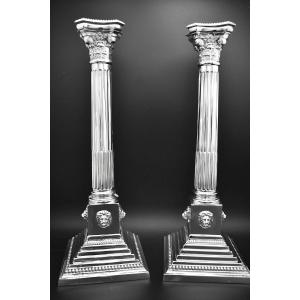 Antique Sterling Silver Corinthian Column Candlesticks Birmingham 1911 Lion Mask