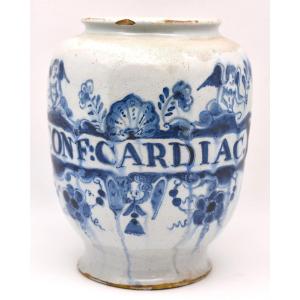 18th Century English Delftware Drug Jar Conf:cardiac Apothecary Blue "p" Mark