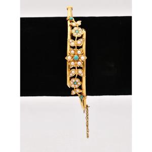 Antique 18ct Gold Turquoise Seed Pearl Floral Bangle Victorian Crossover 17.9g