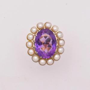 18ct Gold Large Amethyst Pearl Cluster Ring 7.9ct Oval Vintage Dress 10.8g Sz Q
