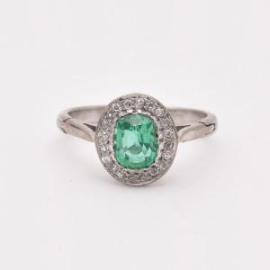 White Gold Emerald Diamond Cluster Ring Old Cut 0.80ct Adjustable Shank