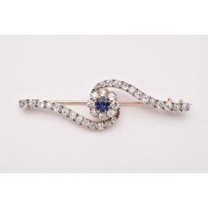 Antique Edwardian Sapphire And Old Cut Diamond Swirl Cluster Brooch, Ca 1910